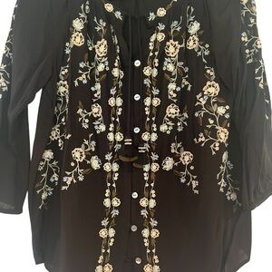 J. Jill Black Embroidered 3/4 Sleeve Blouse